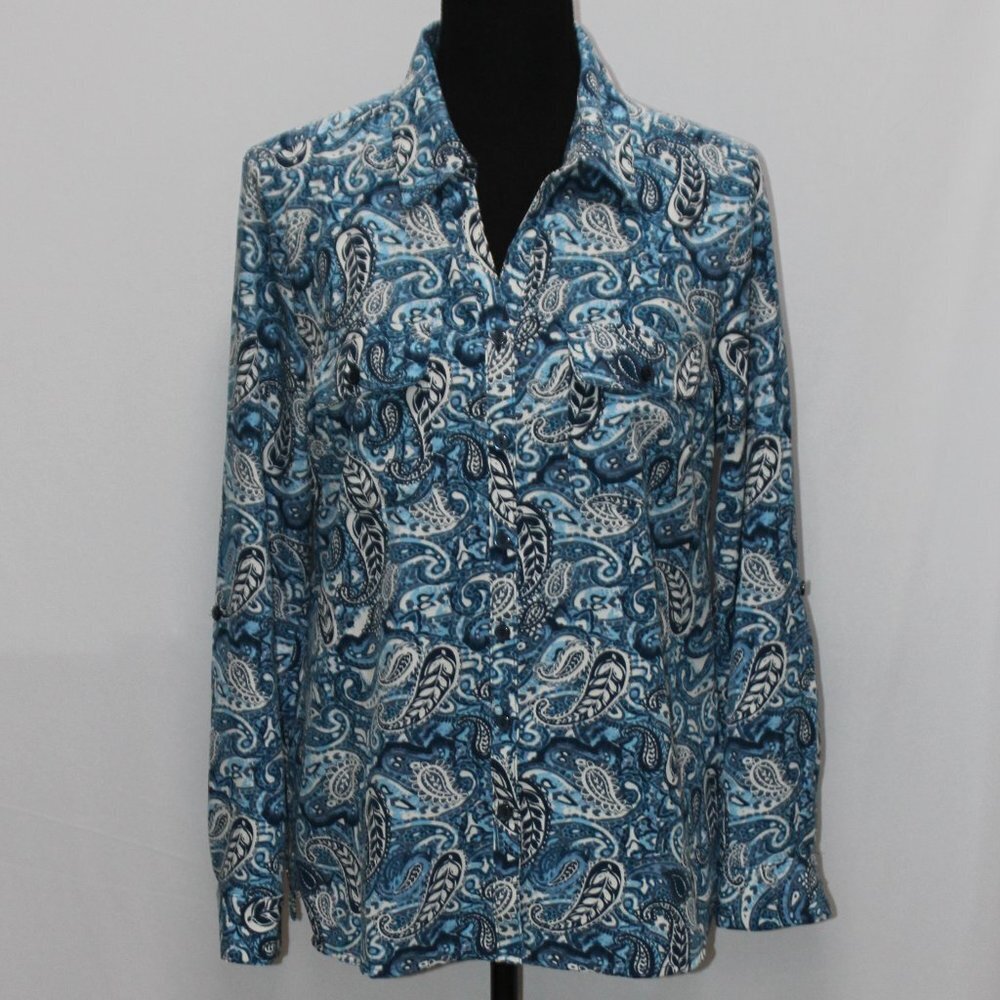 NWT Rebecca Malone Blue Paisley Long Sleeve Blouse
